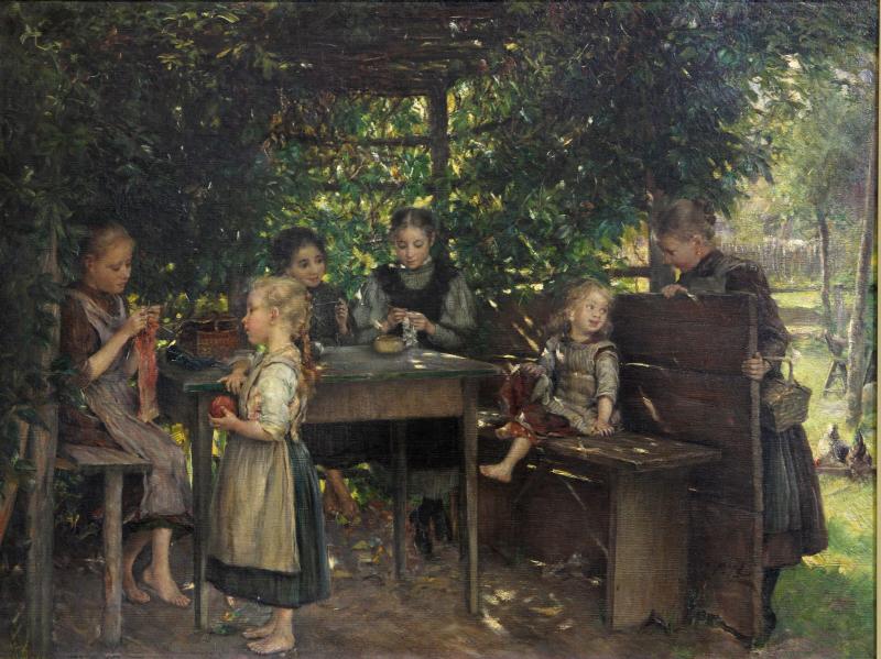 Los 1601 PILTZ, OTTO ( 1846-1910): unter einer Weinlaube sitzende Kinder beim Stricken, 19. Jh.