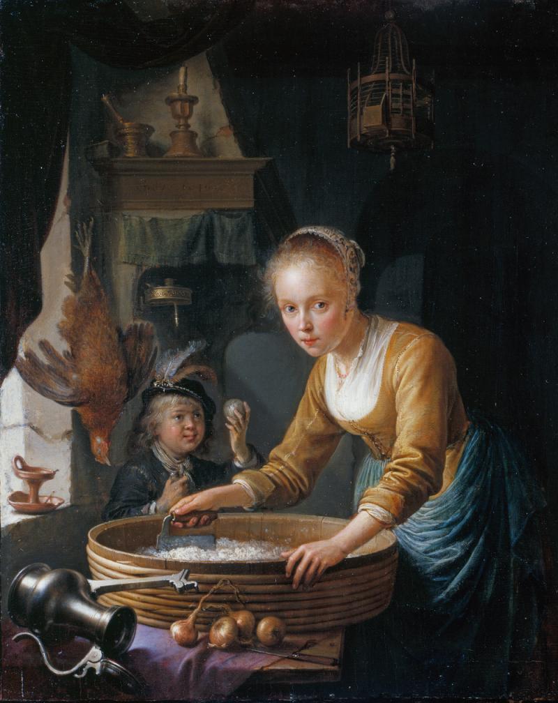 RCIN 406358 Gerrit Dou (1613-1675) Meisje dat uien hakt, 1646 Paneel, 18 x 15 cm Gesigneerd en gedateerd op de schoorsteenmantel: GDOV 1646 (GD ineen) Aangekocht door George IV, 1814