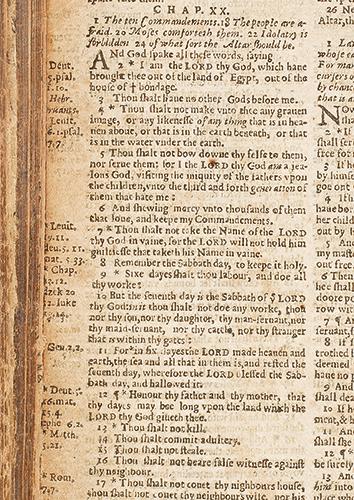 The Holy Bible. London: Robert Barker, 1631. A detail from the “Wicked Bible,” which, due to error or mischief, omitted the “not” from the Seventh Commandment (Exodus 20:14). Estimate $15/20,000