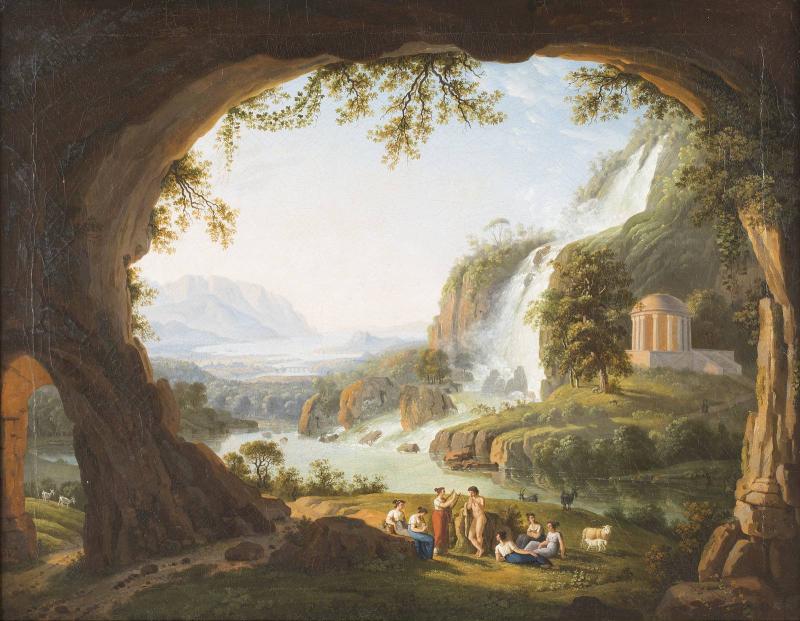 LUDWIG PHILIPP STRACK (1761 – 1836), IDEALLAND-SCHAFT BEI TIVOLI MIT WASSERFALL, HÖHLE, TEMPIETTO UND STAFFAGE, Öl auf Leinwand (doubl.). 57,5 cm x 72,5 cm. Erlös: 33.700,-€