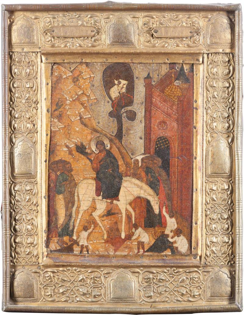 Christi Einzug nach Jerusalem mit fein graviertem Silberbasma, Moskau, 16. Jahrhundert, 31,3 x 24,5 cm (Limitpreis 4.000 Euro)