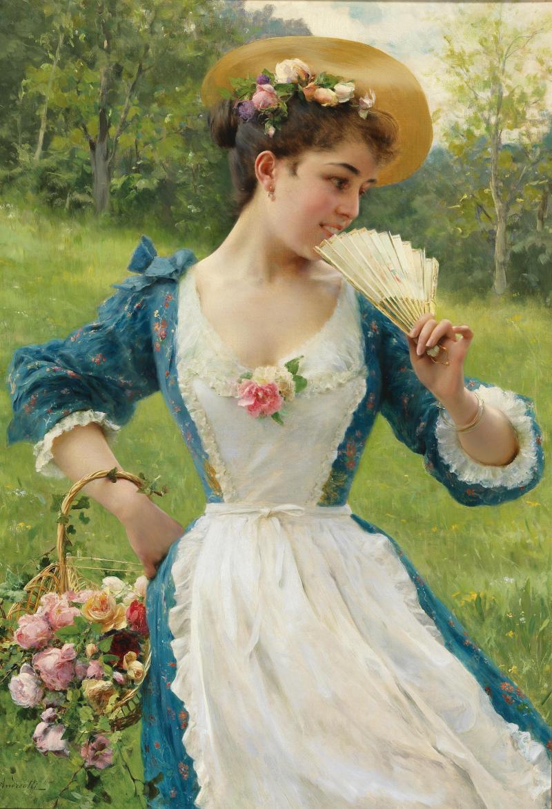 Federico Andreotti (Florenz 1847-1930) Junge Schönheit mit einem Korb Rosen, signiert F. Andreotti, Öl/Leinwand, 107 x 76 cm  erzielter Preis € 62.500