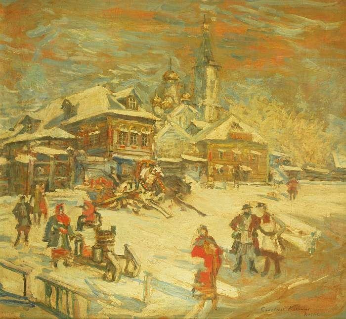 KOROVIN, Konstantin Alexejewitsch. 1861 Moskau - 1939 Paris. Vielfigurige Genreszene in russischer Winterlandschaft. Mindestpreis:	4.500 EUR