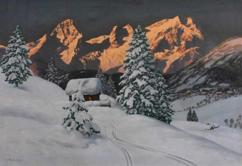 Arnegger, Alois (1879 Wien - 1963 ebda., Landschaftsmaler), "Dorf in winterlicher Alpenlandschaft",  Mindestpreis:	1.400 EUR