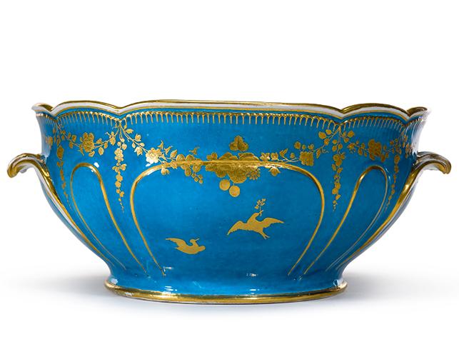 An Important and Rare Vincennes Bleu Cèlèste-Ground Punch Bowl Circa 1750-53 Estimate $100/150,000