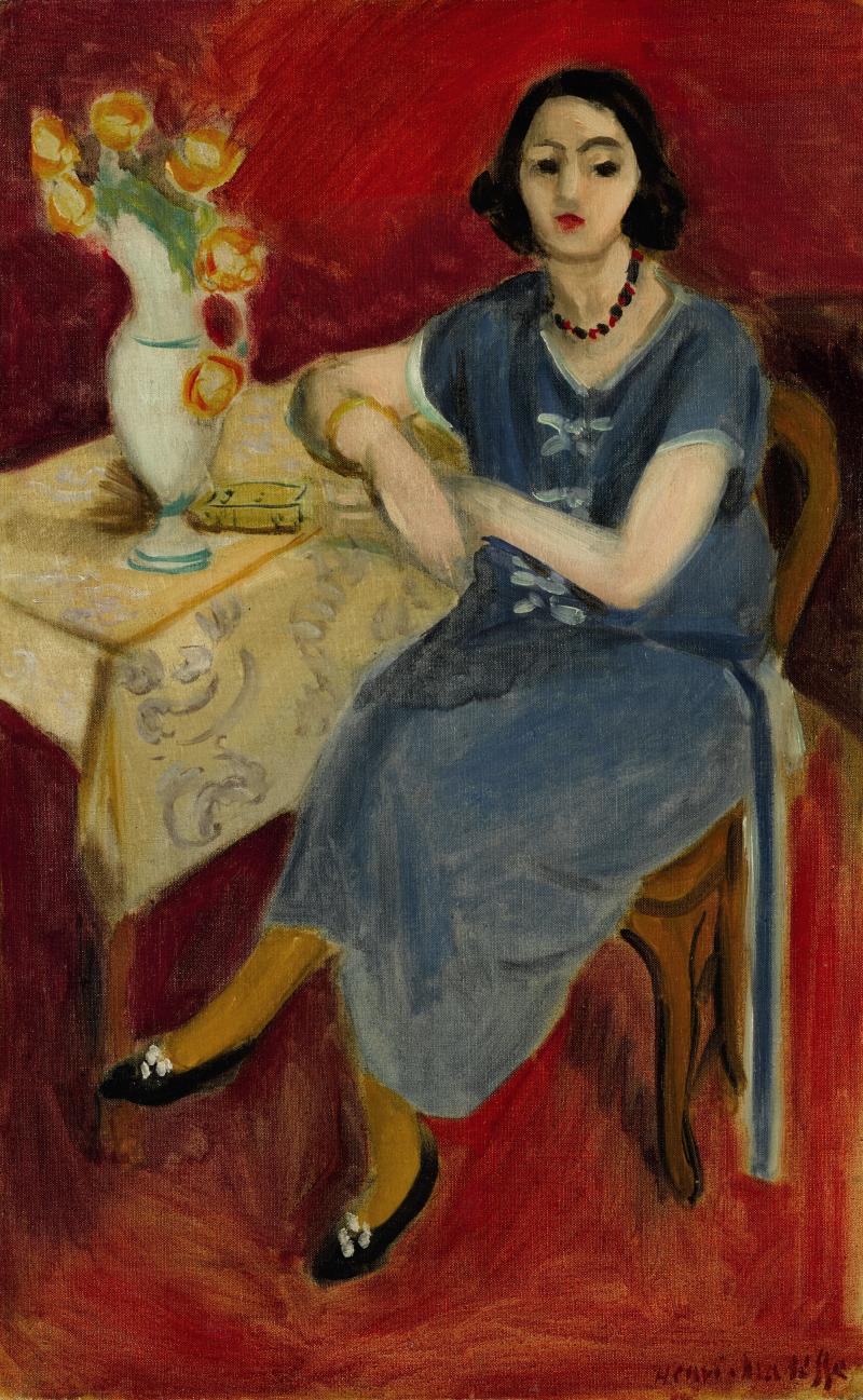 9567 Matisse, Femme En Bleu À Table, Fond Rouge