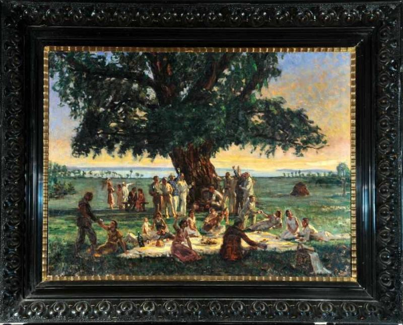 Wennerberg, Brynolf, zugeschr., 1866 Djurgarden - 1950 Bad Aibling Öl/Lwd, 72,5 x 98 cm, " Feiernde Künstlergesellschaft beim Picknick am See, Mindestpreis:	4.500 EUR