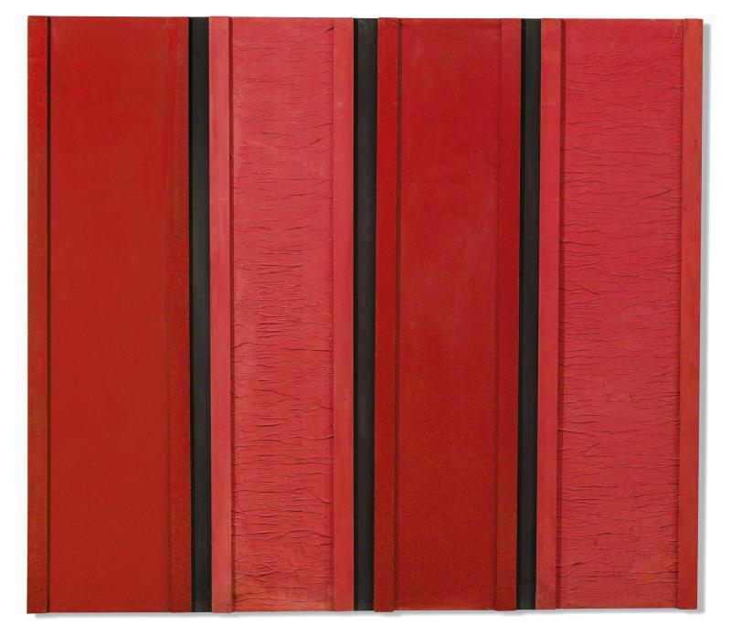 Tano Festa (1938 - 1987) Rosso Nero, 1961, Email, Tempera, Holz, Papier auf Leinwand, 150,5 x 170 cm  Schätzwert € 150.000 - 200.000  Auktion 22. November 2016