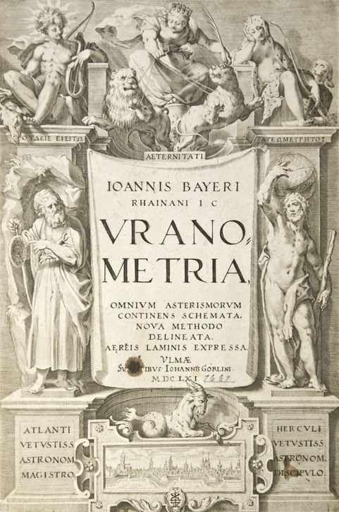 Astronomie.- Bayer, J. Uranometria, omnium asterismorum continens schemata, nova methodo delineata, aereis laminis expressa. Ulm, Görlin, 1661. Kupfertitel und 51 doppelblattgroße Kupfertafeln mit Sternenbildern, je ca. 32,5 x 38,5 cm (Blattgr. jeweils ca. 33 x 40 cm). Folio. Schlichter Pp. d. Zt. (stark bestoßen und beschabt). Schätzpreis:	12.000 EUR