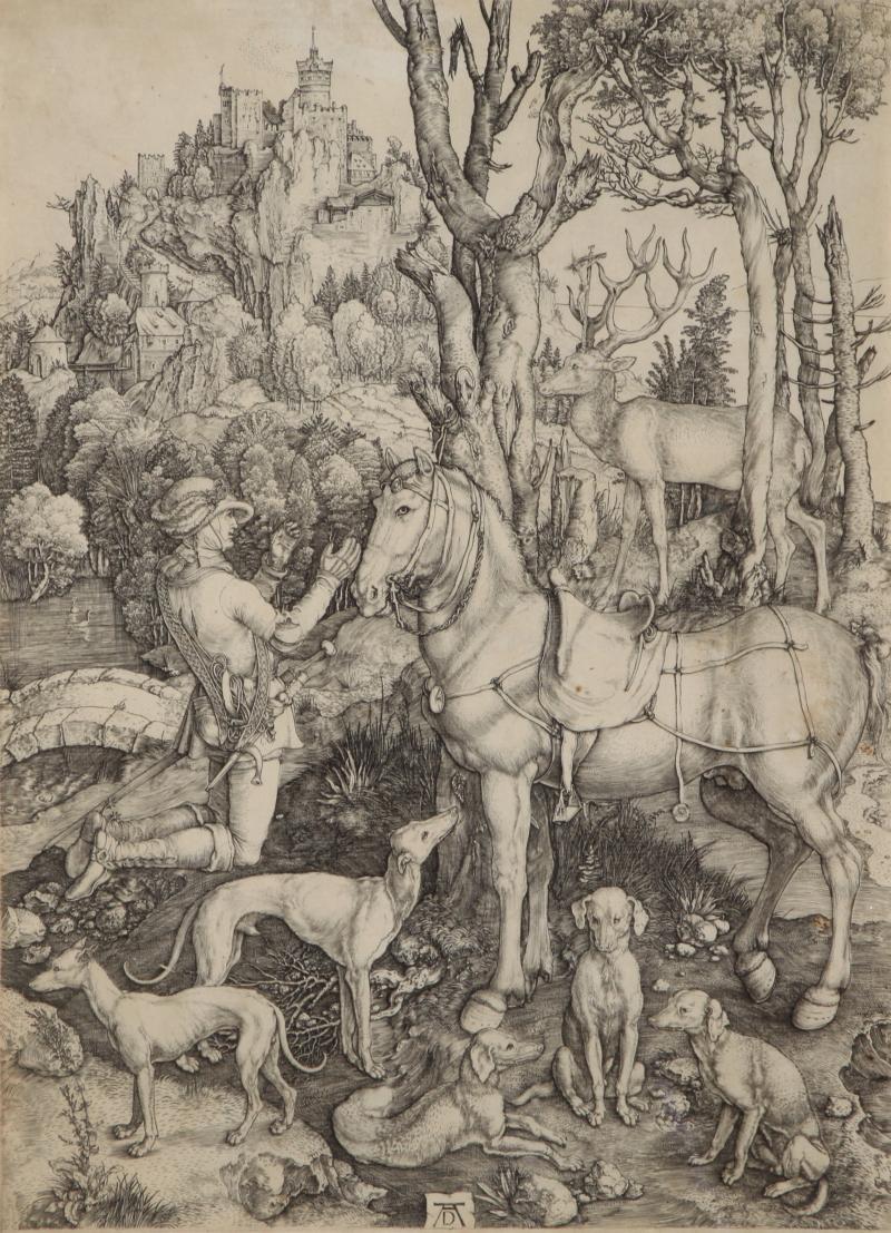 604 Albrecht Dürer, m.u.i.St.mon.,  Nürnberg 1471 - 1528 daselbst, "Der hl. Hubertus, auch Eustachius genannt", Holzschnitt, 1585-1599, 35,5 x 26 cm, gebräunt, fleckig - Meder 60 k von k -  Ausruf EUR 3.000,-