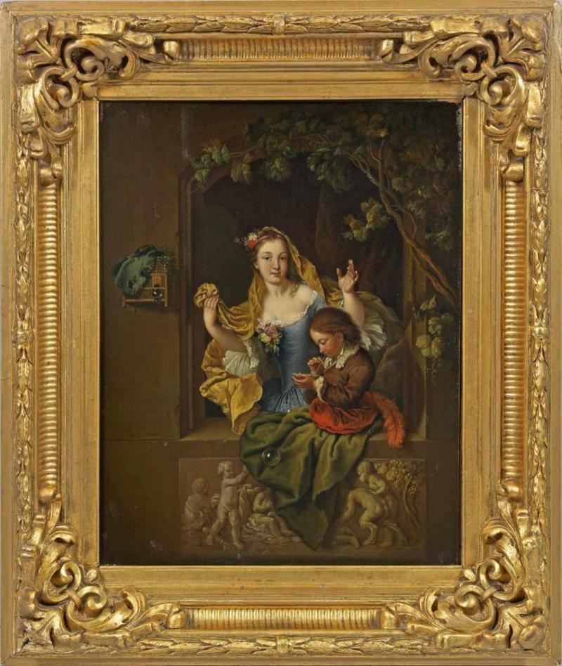 Willem van Mieris (1662 Leiden - 1747 ebenda) attr.;  Mädchen und Knabe beim Seifenblasenmachen in einem Fenster Mindestpreis:	3.500 EUR