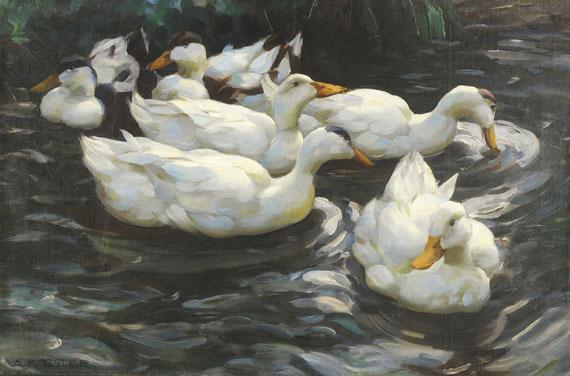 91 ALEXANDER KOESTER Sechs Enten im Wasser, Ca. 1900-1905. Öl auf Leinwand Schätzpreis: € 18.000 Erlös € 22.500*