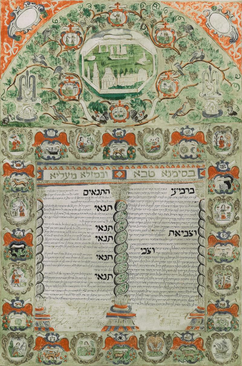 Lot 97 Property From The Estate Of Shlomo Moussaieff A Magnificent Decorated Ketubbah, Livorno: 1698 Ink, gouache and copper-plate engraving on parchment (29 ½ x 20 in.; 750 x 508 mm). Framed. Celebrating the wedding of Abraham, the son of Jacob Lopez, to Dona Luna, the daughter of Davd Marini on Wednesday, 15th of Av, 5458 (=July 23, 1698)  Est. $50/70,000