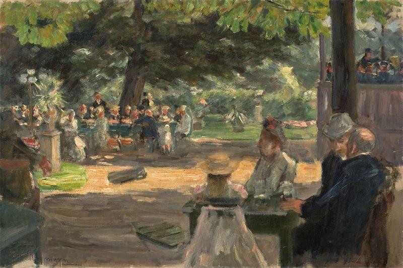 Max Liebermann (1847 – Berlin – 1935) „Studie zum ,Restaurationsgarten in Leiden‘“. 1900 Öl auf Leinwand. 50,5 × 75,5 cm ( 19 ⅞ × 29 ¾ in.).  Schätzpreis:	500.000 - 700.000 EUR