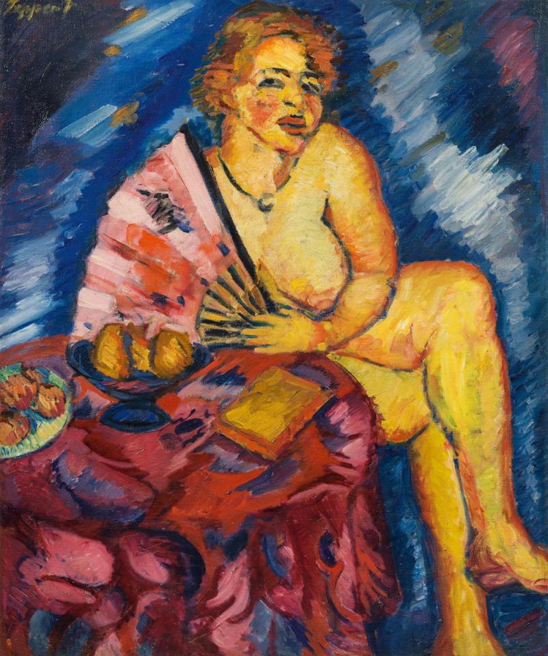 Georg Tappert * (Berlin 1880-1957 Berlin)  Mädchen am Tisch (Betty mit Fächer), 1913 Öl auf Leinwand; 109,5 × 91,5 cm,  Meistbot € 170.000  (ohne Aufgeld)