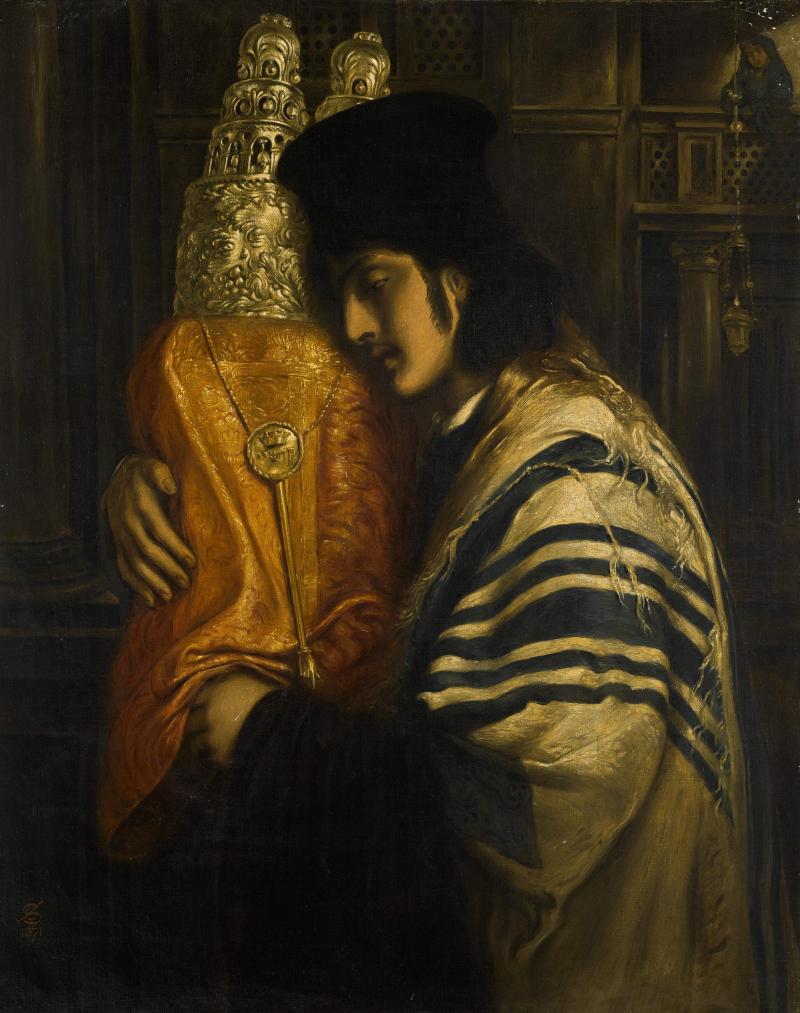 Lot 95 Property From The Estate Of Shlomo Moussaieff Simeon Solomon Carrying The Scrolls Of The Law signed with monogram and dated 1871 (lower left); inscribed "Rabbi Carrying the Law"/ by Simeon Solomon (on a label attached to the stretcher) oil on canvas 30 1/4 by 24 in. 77 by 61 cm. Est. $150/250,000