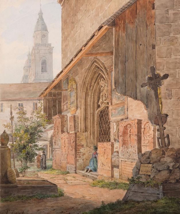 Friedrich Zeiss, „Kirchhof zu St. Peter in Salzburg“, Aquarell auf Papier, 25 x 21 cm, links unten signiert Foto: Antiquitäten Kunsthandel Freller