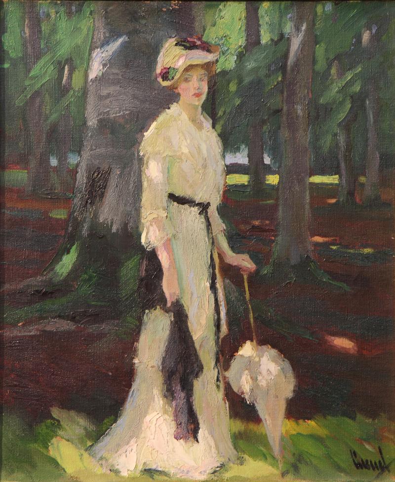 Edward Cucuel (San Francisco 1875 - 1954 Pasadena) Dame im Park Öl auf Leinwand, signiert  55 x 45 cm  Zur Verfügung gestellt von: Kunsthandel Strassner