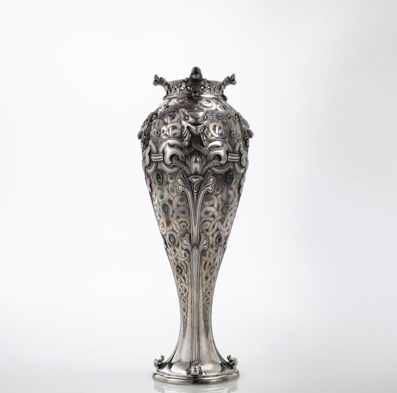 Lot 3032 Pan-American Exposition, Buffalo: An American Silver, Enamel And Gem-Set Viking Style Vase, Designed By Paulding Farnham For Tiffany & Co., New York, 1901 height 12 1/4 in. 31.1cm 30oz 14dwt gross 955g Est. $20/30,000 Sold for $175,000