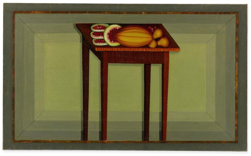 Lot 5139 Important Painted Fireboard from the Moses Martin House, Salem, New York, circa 1830 oil on canvas; depicting an arrangement of fruit on a curly maple table floating on a background of light green concentric rectangles. 29 3/4 by 49 1/2 in.  Est. $60/80,000 Sold for $ 100,000