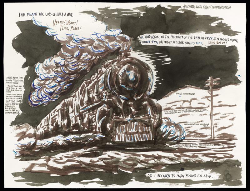 No Title (This meant the...), 2001While many wouldn’t consider a train a main character in the traditional sense, we may take Pettibon’s trains to be the apocalyptic answer to Thomas the Tank Engine’s eternal