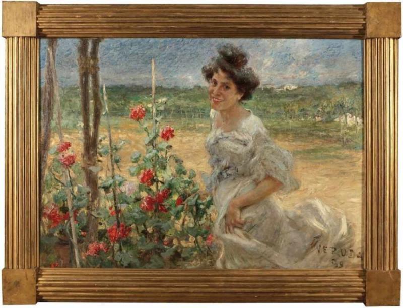 Umberto Veruda 1868 Triest - 1904 Triest - Junge Frau im Rosengarten - Öl/Lwd. 110 x 158 cm. Aufrufpreis:	25.000 EUR