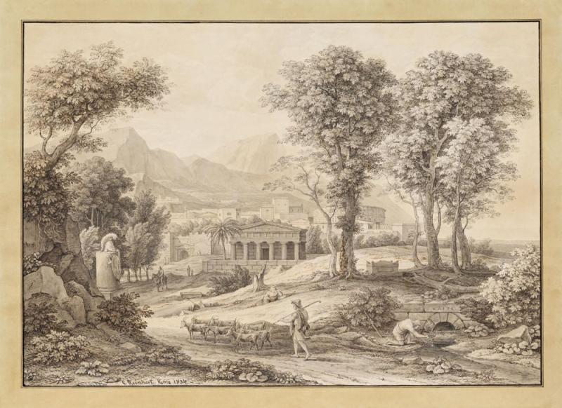 Reinhart, Johann Christian 1761 Hof - 1847 Rom Ideale Landschaft mit Leonidas-Denkmal.  Schätzpreis:	10.000 - 15.000 EUR