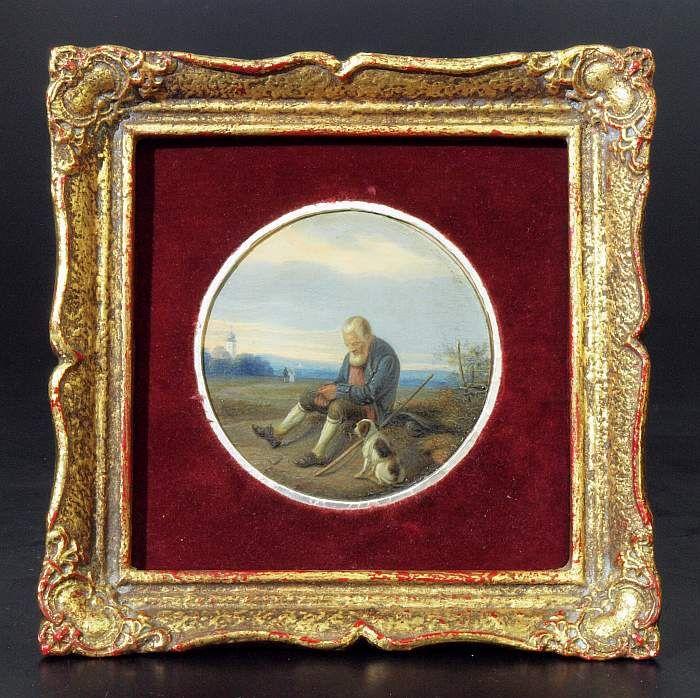 Biedermeier-Miniatur "Feierabend". Tondi mit Genreszene, alter weißhaariger Mann mit Hund beider Rast..., Mindestpreis:	200 EUR