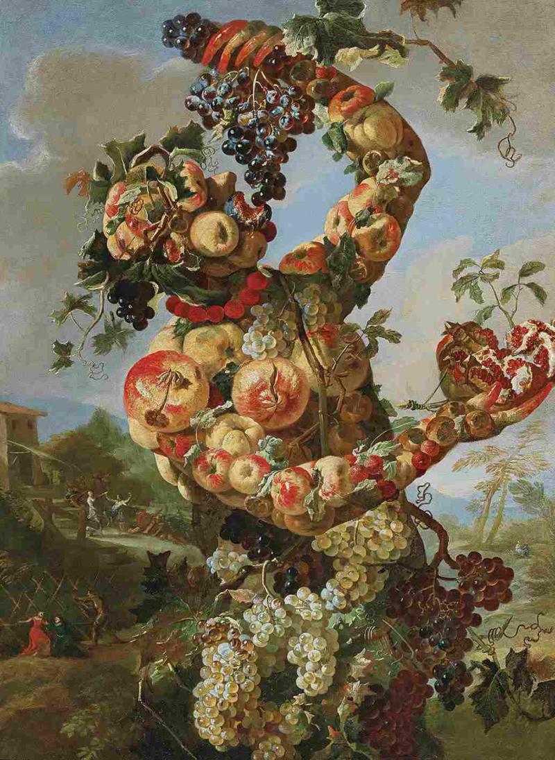 Der Herbst als Obstfigur: Giovanni Paolo Castelli, Lo Spadino (1659 - ca. 1730), Allegorie des Herbstes, Öl auf Leinwand, 131 x 94 cm, Schätzwert € 80.000 - 120.000 Auktion 17. Oktober 2017