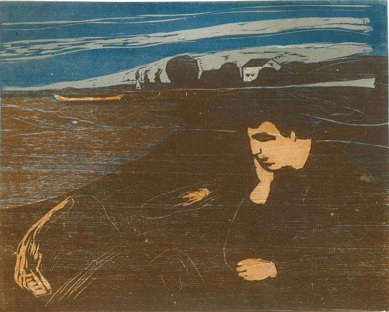 Lot 84 Property from the Collection of Catherine Woodard and Nelson Blitz, Jr. Edvard Munch Melancholy III (Schiefler 144; Woll 203) Woodcut printed in brown, light brown, blue and grey, 1902, a fine impression with fresh colors, signed in pencil, Woll's III (final) state, on thin Japan paper, framed image: 377 by 474 mm 14 7/8 by 18 5/8 in sheet approx.: 475 by 620 mm 18 3/4 by 24 3/8 in Estimate $300/500,000