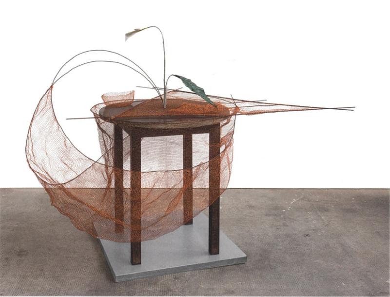 Marisa Merz Ohne Titel, 1977 Tisch, Kupferdraht, Metallstäbe, Spathiphyllum (Einblatt), Sammlung Emilio und Luisa Marinoni, Lurago Marinone, Italien, Foto: Mario Corti, Courtesy Sammlung Emilio und Luisa Marinoni, Lurago Marinone, Italien