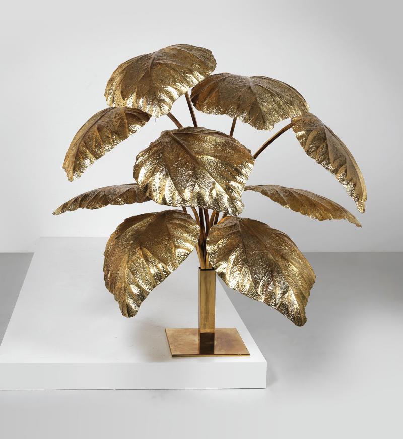 Große "Leaf"-Stehlampe, Entwurf Tommaso Barbi, Italien um 1970, Messing, Höhe ca. 140 cm, Schätzwert € 8.500 - 14.000