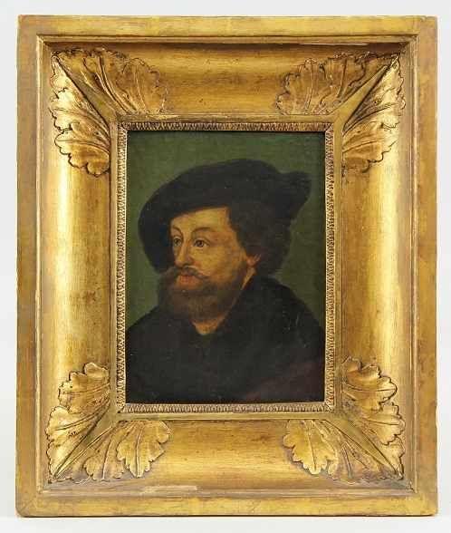 Aldegrever, Heinrich (Paderborn 1502 - 1555/1561 Soest) attr.  Gemälde, Öl auf Holz, Portrait eines Mannes mit Barett Mindestpreis:	1.200 EUR