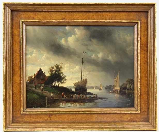 Leickert, Charles Henry Joseph (Brüssel 1816 - 1907 Mainz) Gemälde, Öl auf Platte, Fährboot an einem Flusslauf, unten rechts signiert Mindestpreis:	3.000 EUR