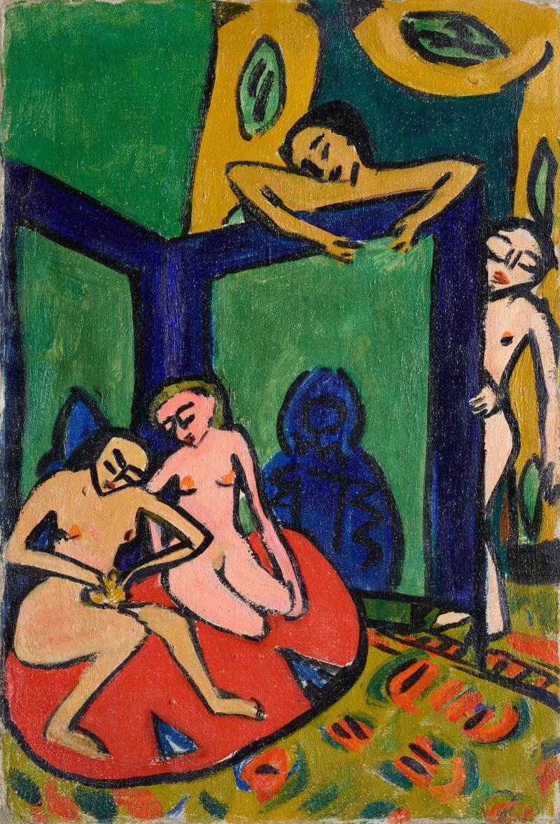 Erich Heckel (1883 – 1970) Atelierszene, 1910/11 Öl auf Leinwand 70 x 48 cm Albertinum, Erworben aus dem Nachlass Erich Heckel mit Unterstützung der Bundesrepublik Deutschland, vertreten durch die Beauftragte der Bundesregierung für Kultur und Medien, der Kulturstiftung der Länder, der Ernst von Siemens Kunststiftung sowie der Ost¬deutschen Sparkassenstiftung und der Ostsächsischen Sparkasse Dresden.  © Nachlass Erich Heckel, Hemmenhofen, Foto: Elke Estel/Hans-Peter Klut