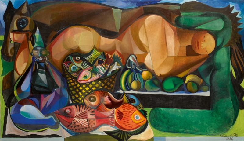 Lot 5 Emiliano di Cavalcanti Reclining Nude With Fish And Fruit signed and dated 1956 lower right oil on canvas 44 1/2 by 77 in. Estimate $1.2/1.6 million © 2017 Estate of Emiliano Augusto Cavalcanti de Albuquerque e Mello / Artists Rights Society (ARS), New York, NY