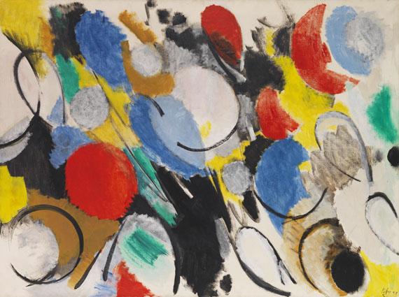 Ernst Wilhelm Nay Scheiben und Halbscheiben Öl auf Leinwand, 1955 120 x 161 cm / 47.2 x 63.3 inches Schätzpreis: € 250.000-350.000