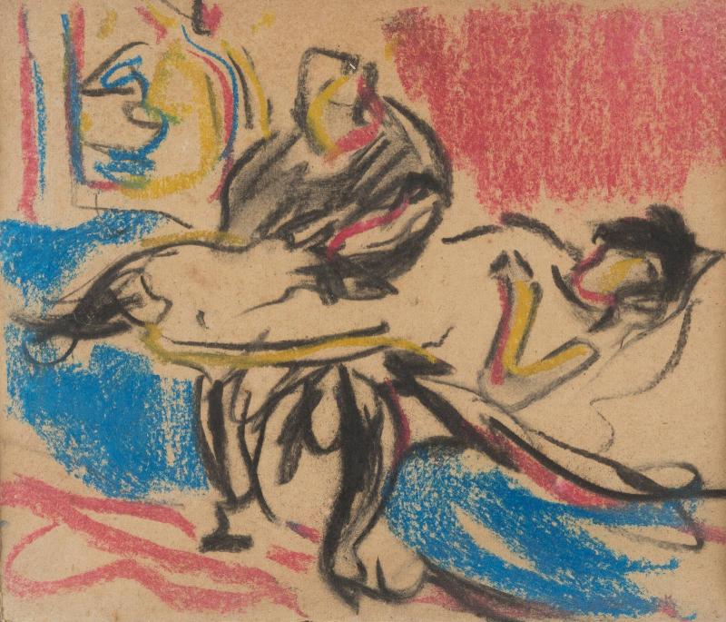 ERNST LUDWIG KIRCHNER (1880 – 1938), BOUDOIR-SZENE,  Mischtechnik (Farbkreide und Kohle) auf Karton. 20,5 x 23,6 cm. Limit 1.500,- €