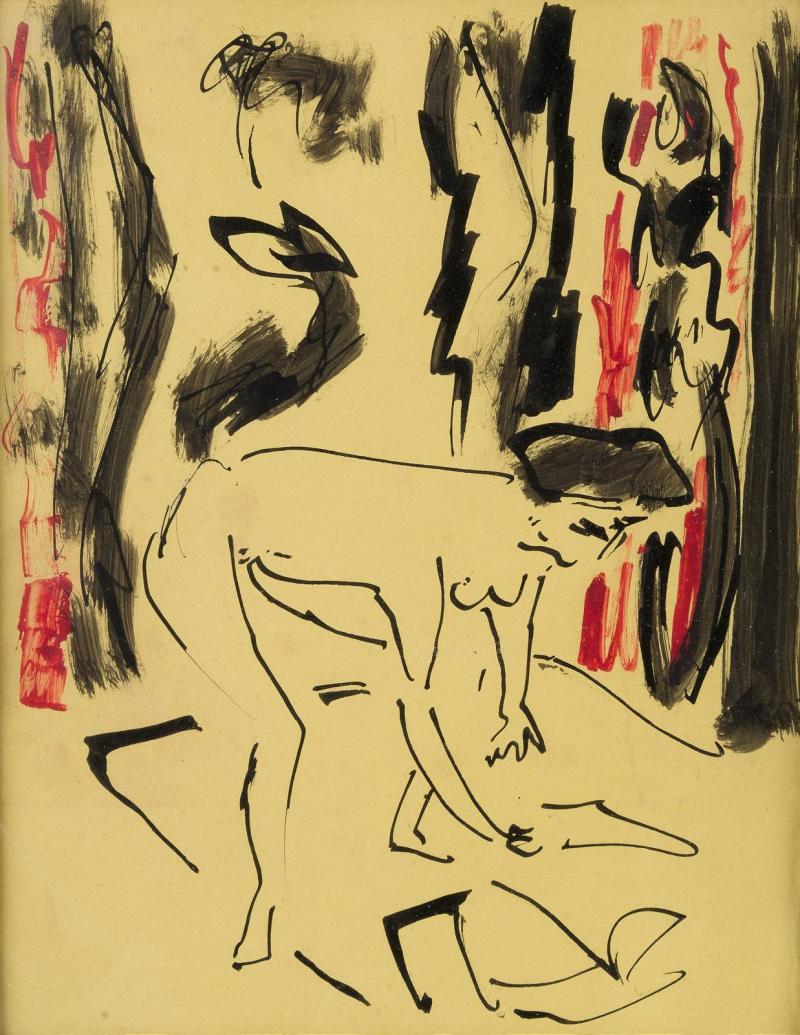 ERNST LUDWIG KIRCHNER ( 1880 – 1938), SICH BÜCKENDER AKT, Mischtechnik (Tusche, Gouache) auf gelbem Papier. SM 27,5 x 21 cm. Limit 1.000,- €