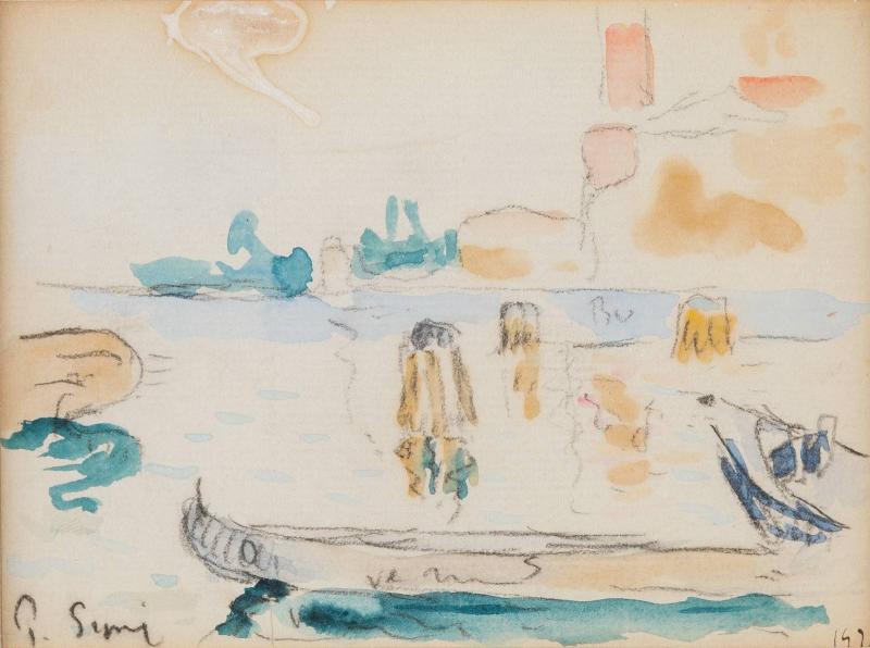 PAUL SIGNAC (1863 – 1935), HAFENANSICHT MIT RUHENDEM BOOT, Aquarellierte Bleistiftzeichnung auf Maschinenbütten, auf festem Papier montiert. 10,5 x 13,5 cm. Limit 1.500,- €