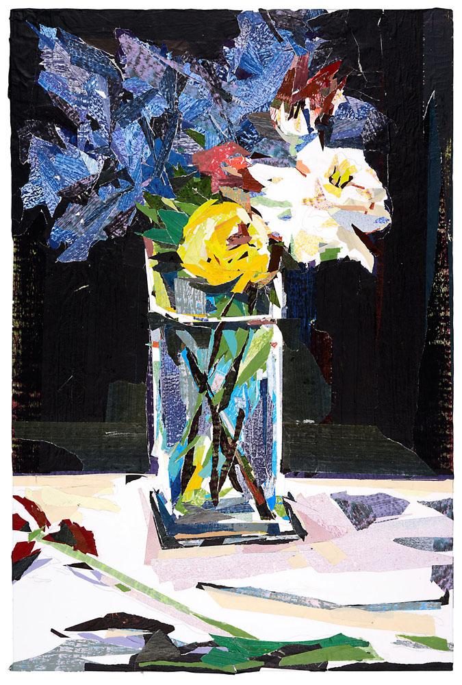 Tino Geiss: bouquet (rosen, tulpen, flieder), 2017, Acryl, Lack, Klebeband, Forex, 68 x 45 cm