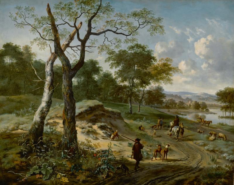 Lot 45 Property From The Collection Of J.E. Safra Jan Wijnants and Adriaen van de Velde Wooded Evening Landscape With A Hunter And His Dogs, Another Hunter On Horseback Conversing With A Peasant, A Fishermen And A Falconer Carrying A Hoop Of Falcons On A Path, A Wagon And Other Figures By A Lake Beyond signed with initials lower left:  J. W. oil on canvas 59 7/8  by 75 1/4  in.; 152 cm by 191.1 cm Estimate $2/3 million