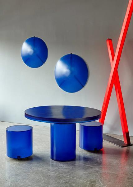 Madison Table, Round Chief Stools, Wall Dots and X Sculpture, PRIME collection by Martha Sturdy Credit Raeff Miles