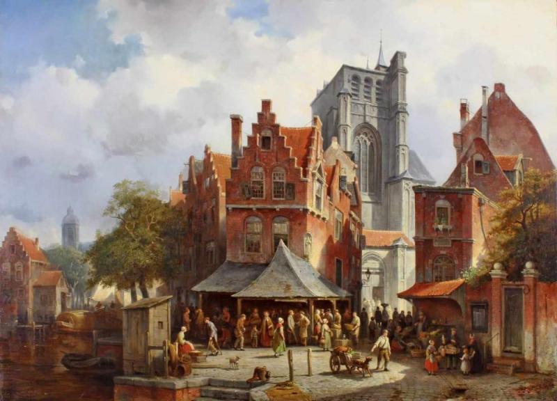 Carabain, Jacques Francois (1834 Amsterdam - 1933 Brüssel,  "Markttag nach dem Kirchgang", links ein Kanal, rechts eine gotische Kirche, reiche Figurenstaffage, Öl auf Leinwand, wachsdoubliert, signiert unten links Jacq. Carabain, 81 x 111 cm, Mindestpreis:	3.500 EUR