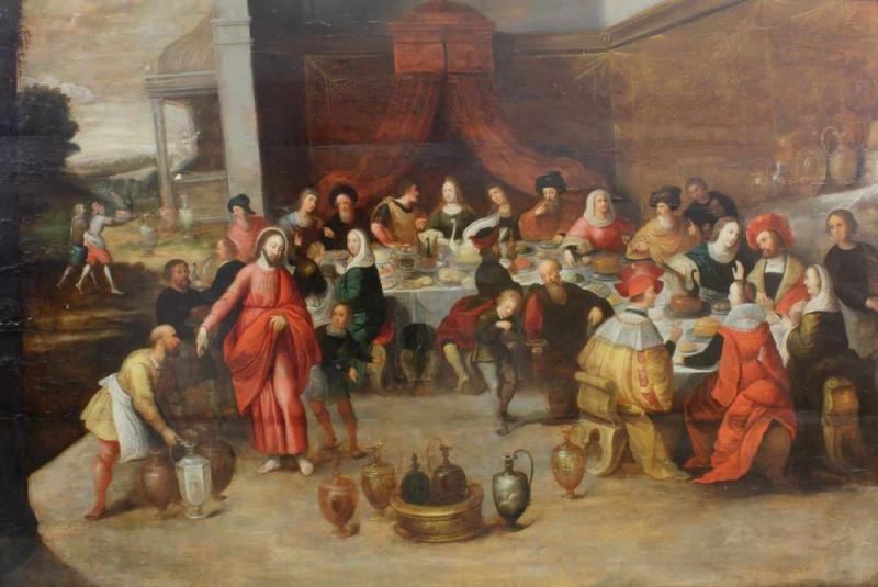 Francken, Frans I. (1542 Herenthals - 1616 Antwerpen), "Die Hochzeit zu Kana", Öl auf Holz, parkettiert, 111 x 166 cm, restauriert.  Mindestpreis:	6.000 EUR