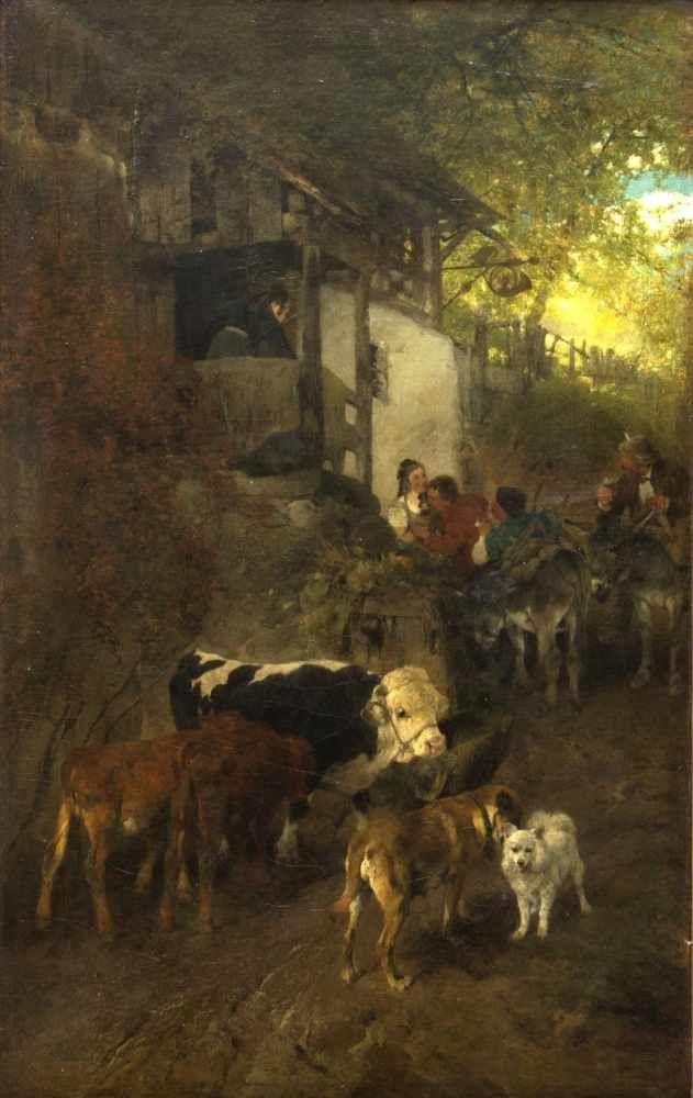 Zügel, Heinrich von.  1850 Murrhardt - München 1941 Vor der schwäbischen Dorfschänke. Aufrufpreis:	8.800 EUR