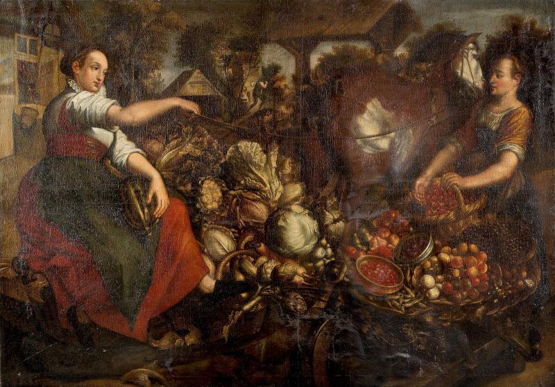 JOACHIM BEUCKELAER (c. 1533- c. 1574), FRAUEN MIT GEMÜSE UND FRÜCHTEN AUF DEM WEG ZUM MARKT, Öl auf Leinwand. 160 x 220 cm. Limit 15.000,- €