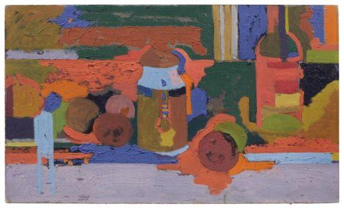 175   Albert Wigand, Stillleben mit Kanne, Weinflasche und Obst. Um 1957. Ausrufpreis:  29 x 48,8 cm, Ra. 31,7 x 51,8 cm.