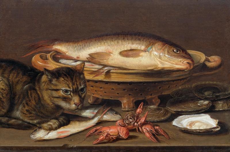 PEETERS, CLARA  (um 1590 Antwerpen um 1659)  Stillleben mit Katze, Fischen, Austern und Flusskrebsen.  Öl auf Holz.  Unten links signiert: Clara. P.  34 x 48 cm.  CHF 100 000 / 150 000 | (€ 83 330 / 125 000)