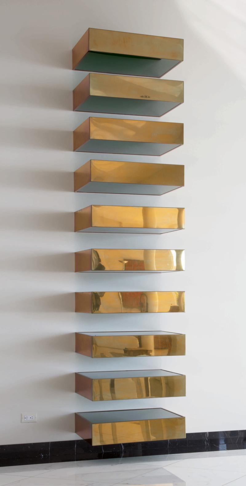 Donald Judd Untitled 1993 Brass and green Plexiglas, in ten parts Each: 6 x 27 x 24 inches Estimate $8/12 million